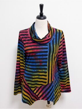 Feratelli Ombre Rainbow Stripe Cowl Neck Asymmetrical Hem Wearable Art Tunic L